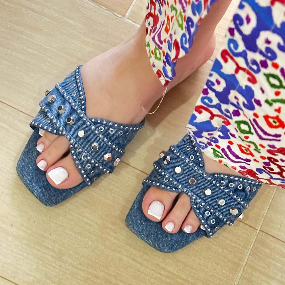 Zara NWT Blue Denim Studded Square Toe Slide Sandals 7.5 8